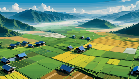 Vibrant Rice Terraces and Village in Mountain Valley