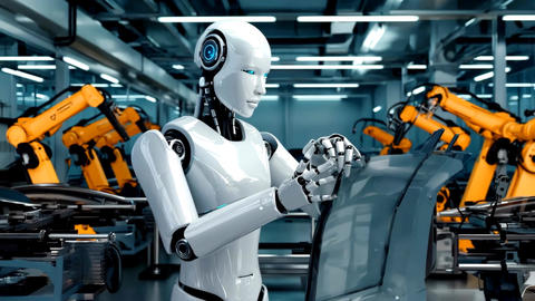 Humanoid robot inspecting automotive part on assembly line with robotic arms
