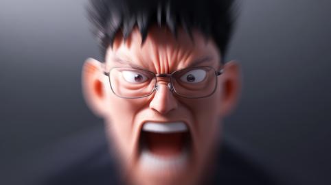 Emotional male character expressing intense anger with glasses in dramatic close-up on blurred