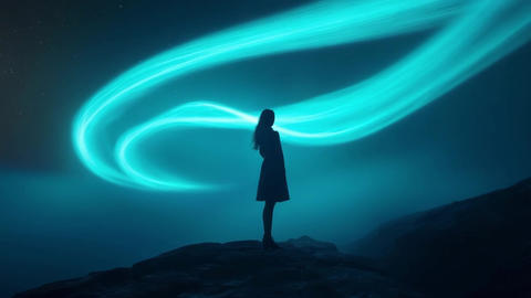 Silhouette of woman on rocky cliff under glowing blue aurora in night sky with