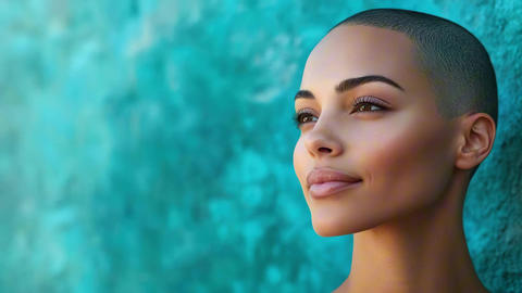 Confident young woman with shaved head and smooth skin smiling gently, portrait