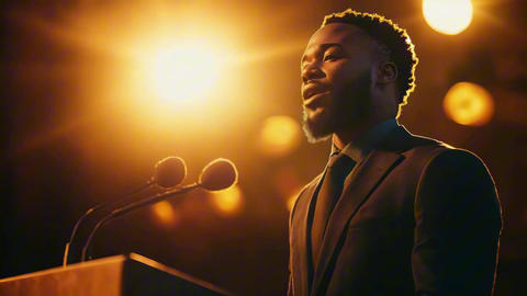 Confident man in suit speaking at podium with microphone under warm stage