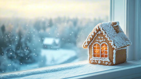 Cozy gingerbread house with glowing windows and icing decoration on snowy