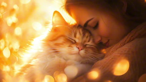 Woman cuddles warm orange tabby cat, pet animal full of affection and cozy