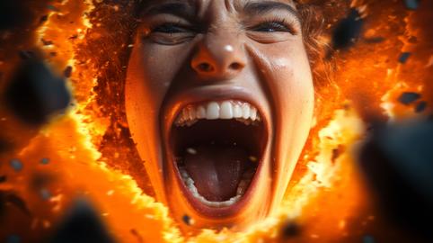 Intense expression of anger with fiery backdrop during a dramatic moment of emotional release