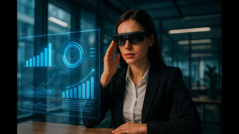 A professional in a business suit, focused on analyzing data and graphs that