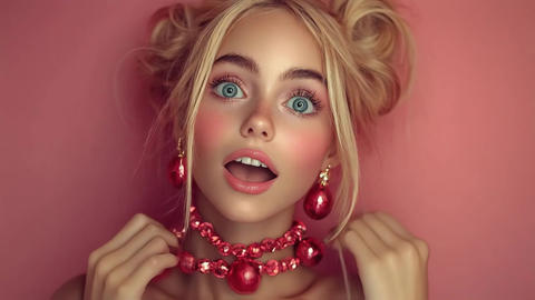 A young woman in the style of barbie fingering beads with her hands