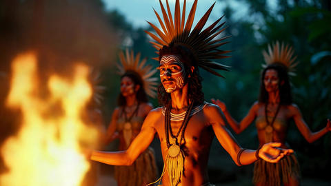 Indigenous Amazonian tribe performing a spiritual dance at twilight, body paint and feathered