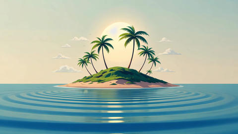 Minimalist Flat Illustration of a Tropical Island with Elegant Palm Trees