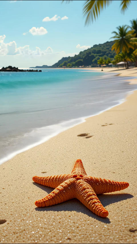 Tranquil Tropical Beach with Starfish on Sandy Shore and Gentle Ocean Waves
