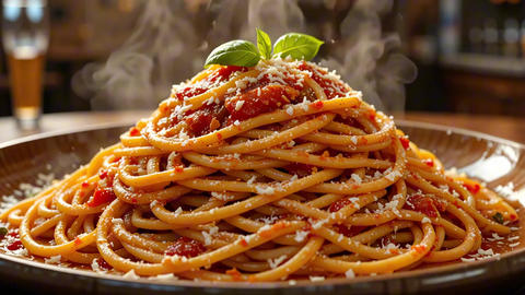 Mouthwatering Close-Up of Italian Spaghetti with Tomato Sauce, Basil, and Parmesan