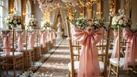 Elegant Wedding Ceremony Setup with Decorated Chairs, Soft Pink Ribbons, and Floral Arrangements