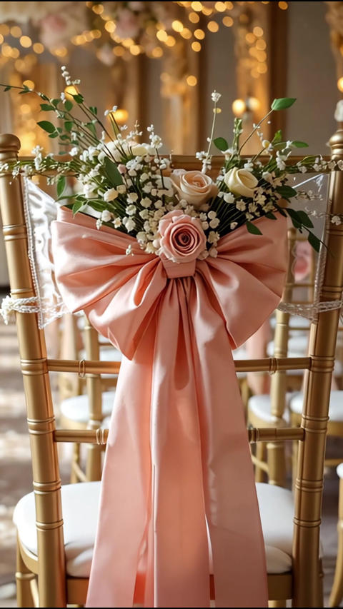 Elegant Wedding Chairs Adorned with Soft Pink Ribbons and Floral Arrangements