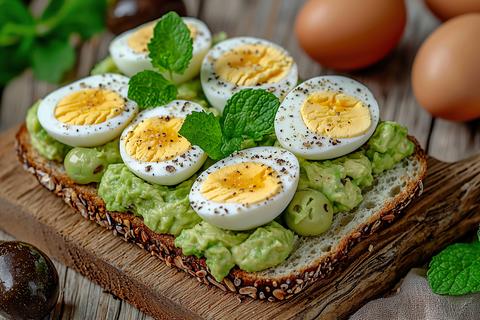 Guacamole avocado sandwich with eggs, lemon,olive oil, and fresh olives