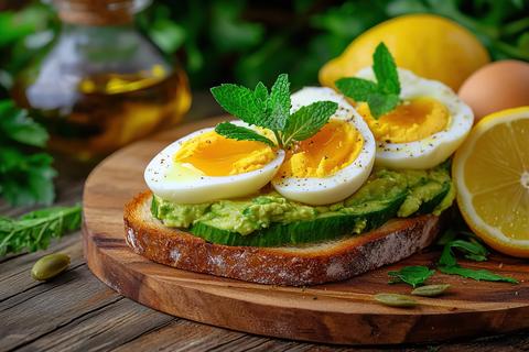 Guacamole avocado sandwich with eggs, lemon,olive oil, and fresh olives