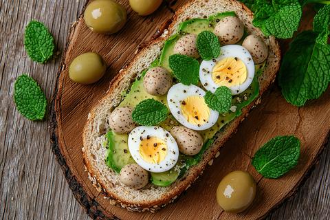 Guacamole avocado sandwich with eggs, lemon,olive oil, and fresh olives