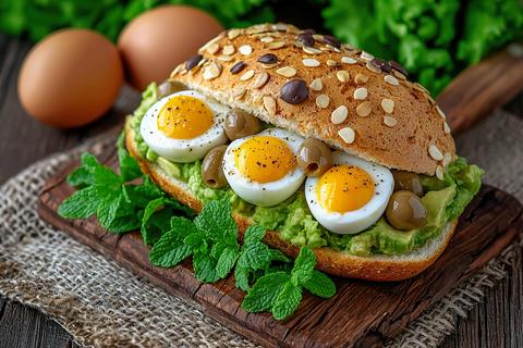 Guacamole avocado sandwich with eggs, lemon,olive oil, and fresh olives