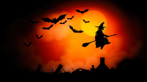 Witch Flying on Broomstick Against Blood Orange Sunset Sky
