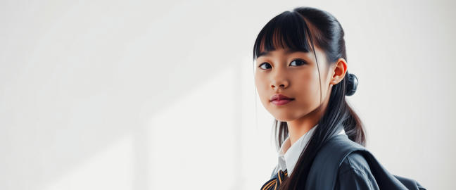 Japanese Schoolgirl in Uniform Gazing Thoughtfully at Camera