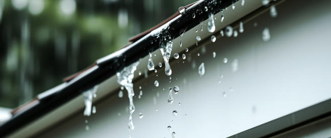 Raindrops Cascading from a Dark Roof Edge