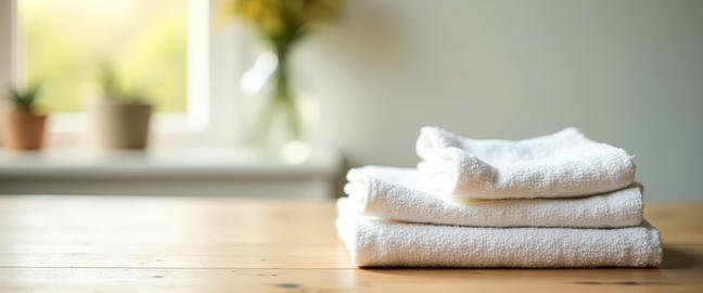 Neatly Folded White Bath Towels on Wooden Surface