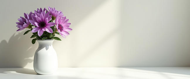 Purple Daisy Flowers in White Ceramic Vase with Sunbeam Shadows