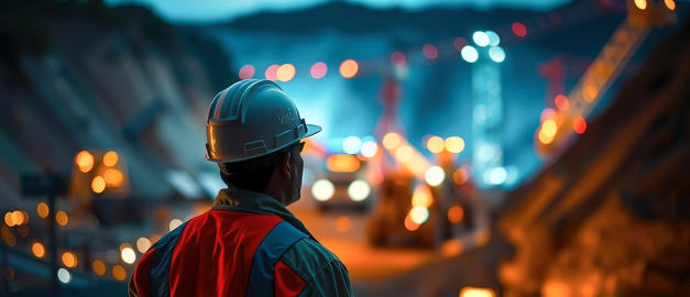 Construction Worker in Hard Hat Surveying Active Mine Site