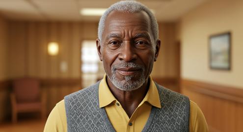 Portrait of an older Black man with gray hair and a beard, wearing a collared shirt and vest, set