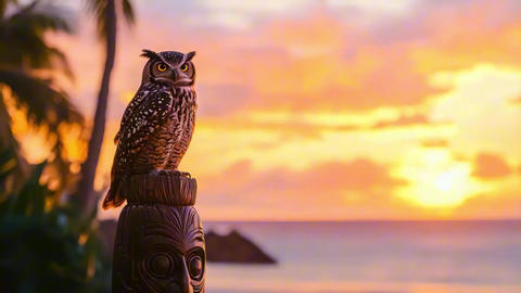 Owl statue perched on carved wooden totem with tropical sunset and ocean