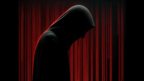 Silhouette of person wearing hooded jacket with dark background and red digital