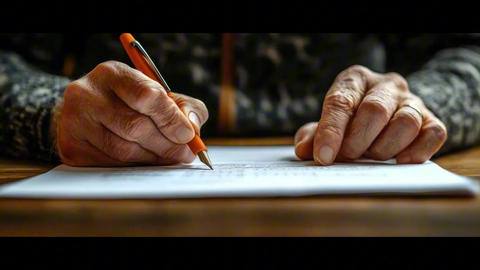 Elderly hands writing with pen on paper, close up of fingers and document