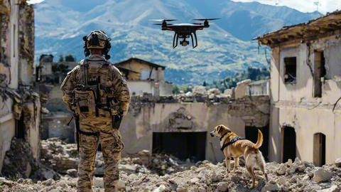 Military soldier and dog with drone in destroyed urban area and rubble