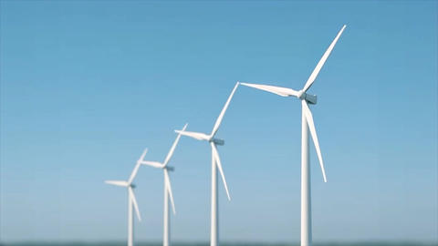 Wind turbines in row on blue sky background, clean energy landscape, sustainable environment