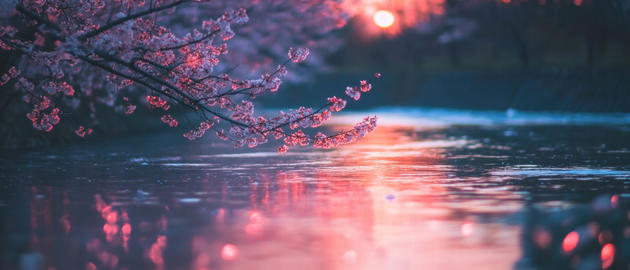 Cherry blossoms bloom along the river creating a romantic spring atmosphere at