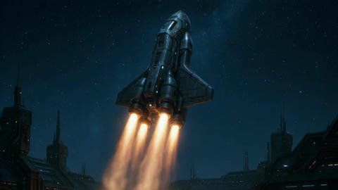 A Futuristic Rocket is Launching into the Night Sky, Ready for Adventure and