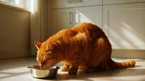 A Playful and Adorable Orange Cat is Enjoying Its Mealtime in a Bright and