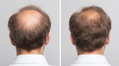Balding man from behind, two heads, hair loss concept, gray background