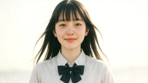 Woman in school uniform with black ribbon, smiling, fresh portrait, white background