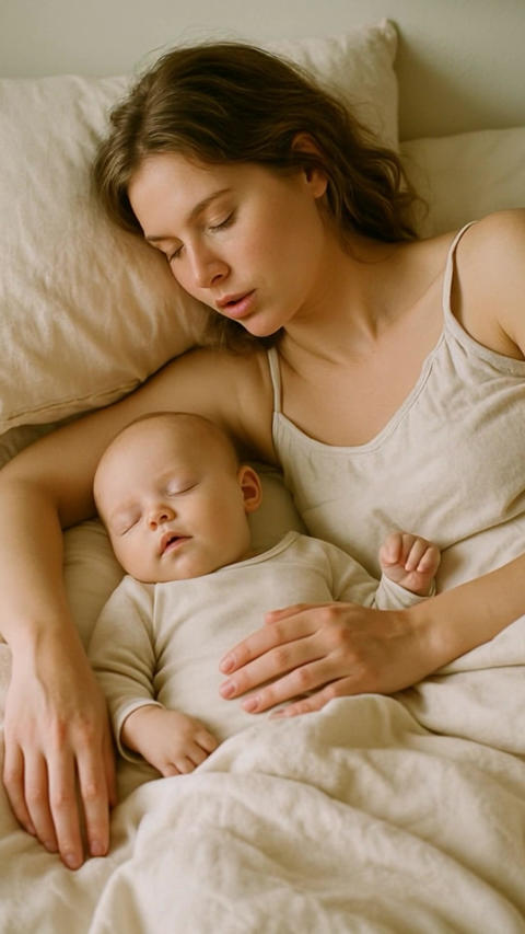 Mother and baby resting together in bed, tender family moment, natural light, soft focus
