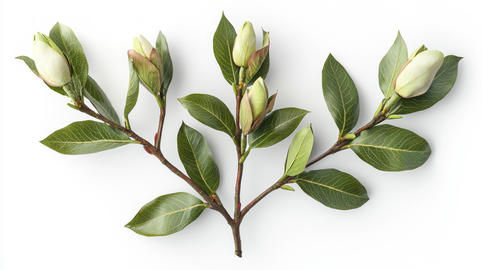 Realistic magnolia branch with buds showcasing new growth and fresh leaves