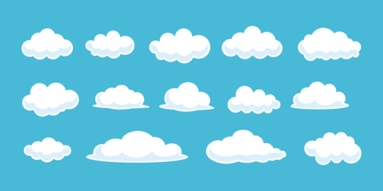 Cute cloud vector illustration set, white cloud formations on a blue background