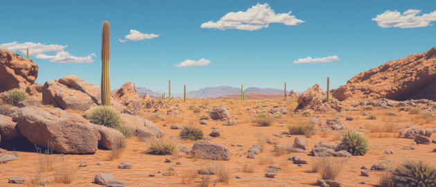 Rocky desert landscape featuring cacti and succulents under a clear blue sky