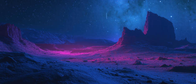 Eroded mesas illuminated under a starry sky in a vast, mysterious landscape at