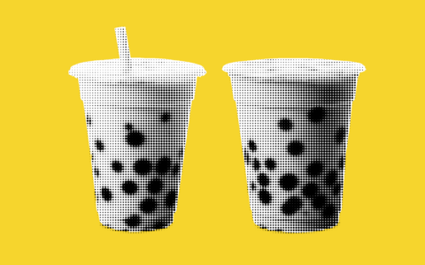 Unique collage highlighting halftone bubble tea cups against a vibrant yellow
