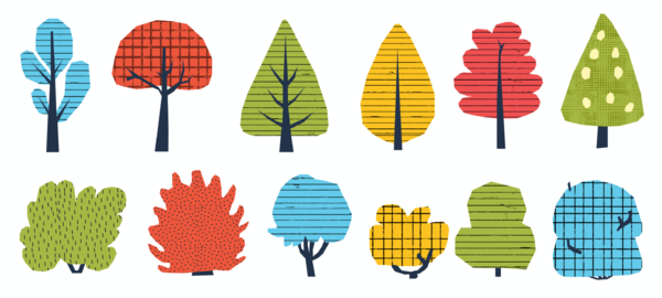 Childish paper cutout collage of trees and bushes. Cute vector illustration with