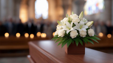 Floral arrangement with white roses and lilies on a wooden casket in a church. Funeral service