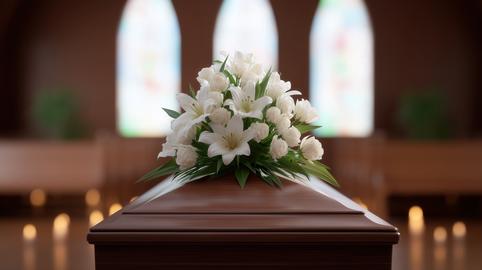 Wooden coffin with white lilies and roses on top at a solemn funeral ceremony inside a church with