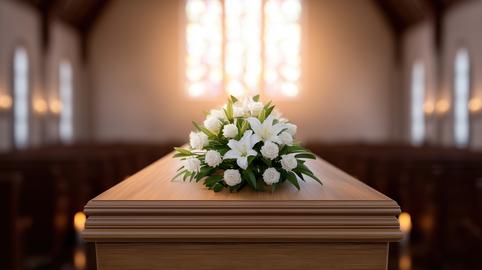 Flower bouquet on a funeral coffin inside a church. Sympathy and memorial service setting with a