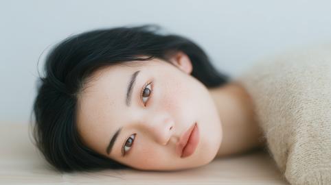 横になり目線を向ける日本人女性のリラックスポーズ