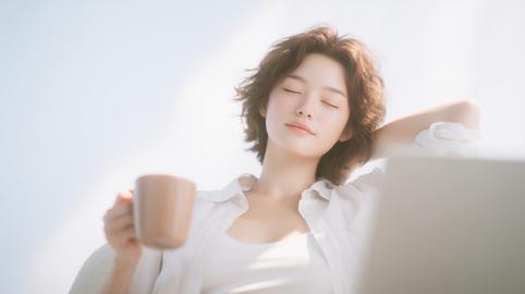 日本人女性のリラックスした横顔 コーヒーブレイクの室内風景